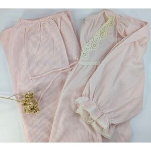 SOFT🌸Vtg Miss Elaine PJ Set Warm Pants LaceTrim Pink SingleStitch CottageCore